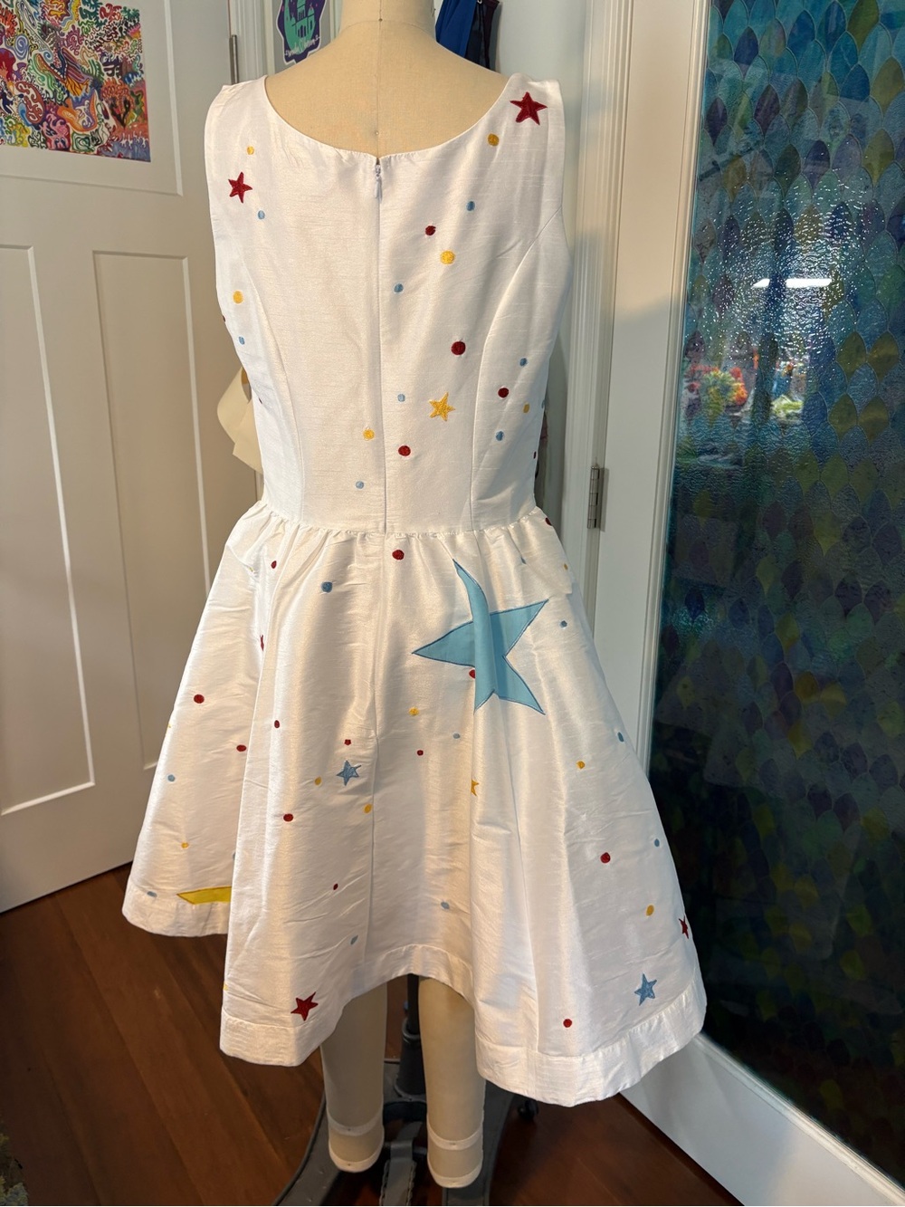 Raver, whimsical, galaxy dress - white sleeveless colorful Star Appliqués - Picture 6 of 14